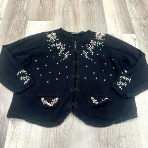 Reference Point Knit Sweater Cardigan Womens 1X Ramie Cotton Embroidered